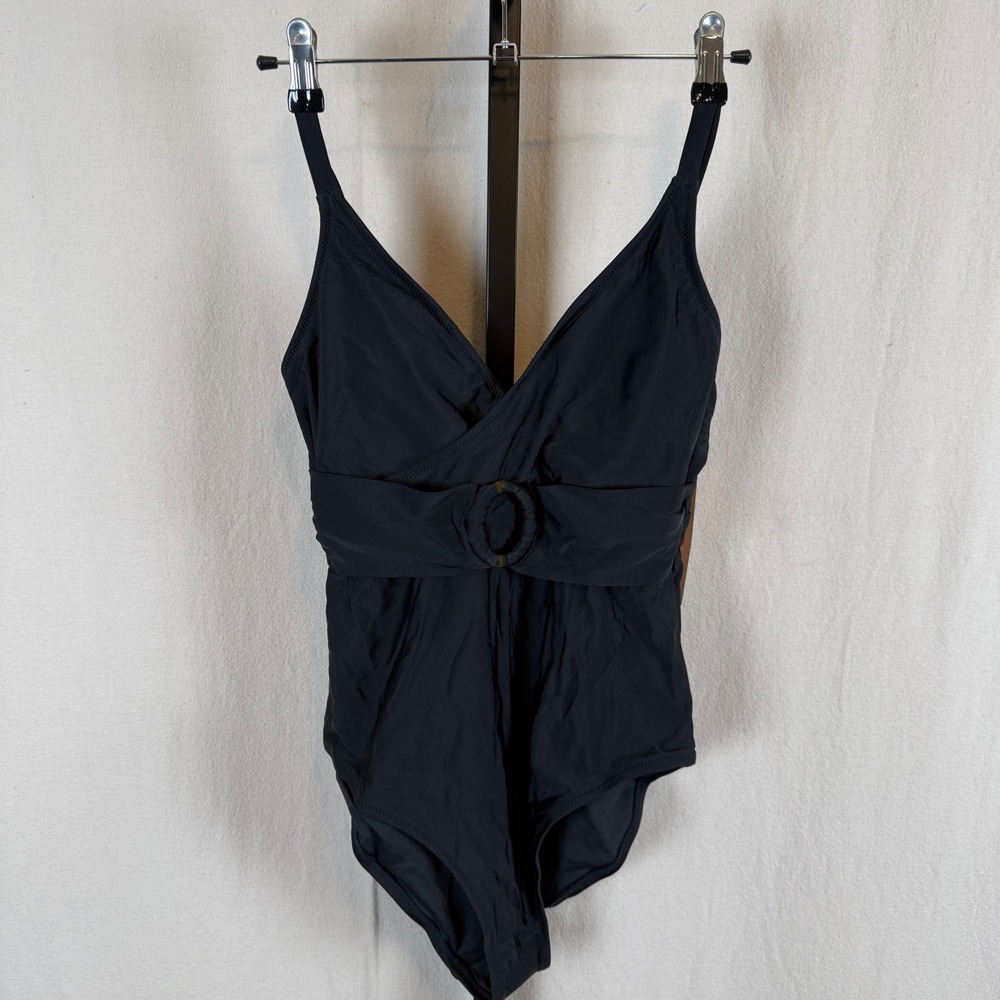 Charmo Womens Black One Piece‎ Swimsuit UPF 50+ Wrap V-Neck Ring Detail Sz M NWT
